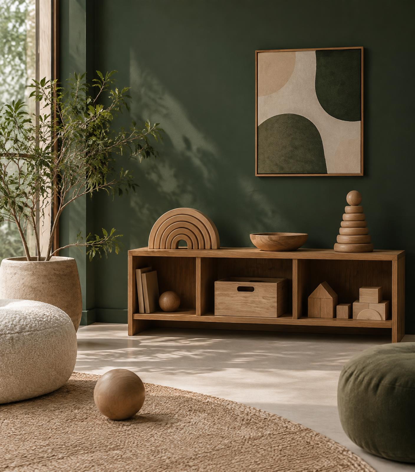 A calm playroom with wooden shapes on a low shelf