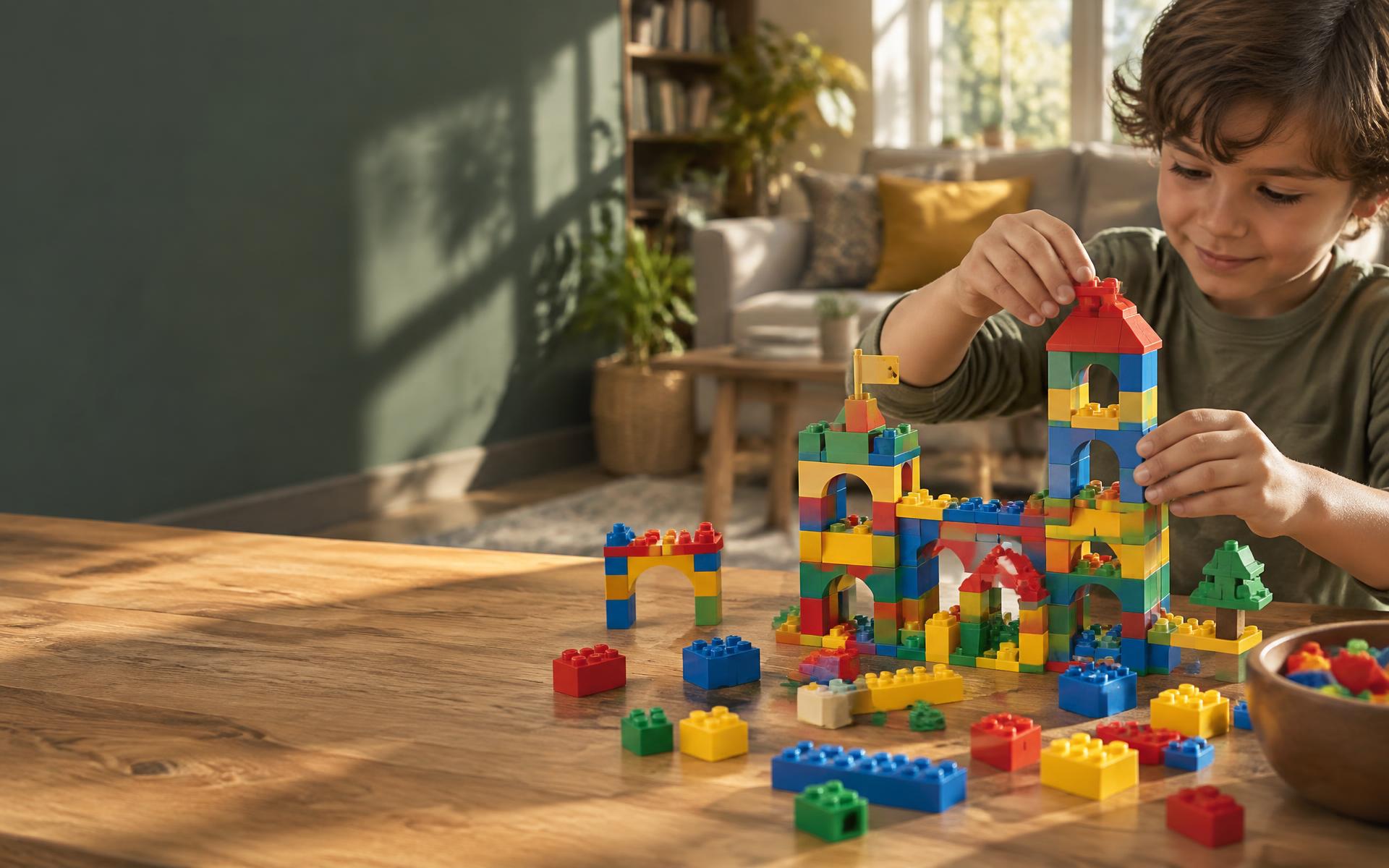 A child building a colorful structure with interlocking bricks